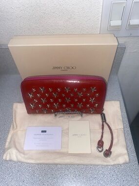 Red Jimmy Choo Silver Star Studded Long Leather Wallet EUC Full Inclusion